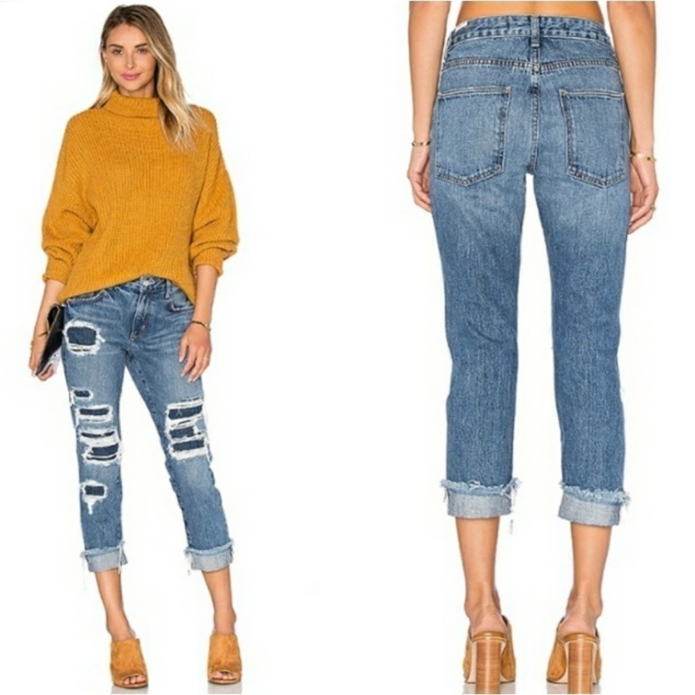 Lovers + Friends Distressed Boyfriend Jeans in Medium Blue